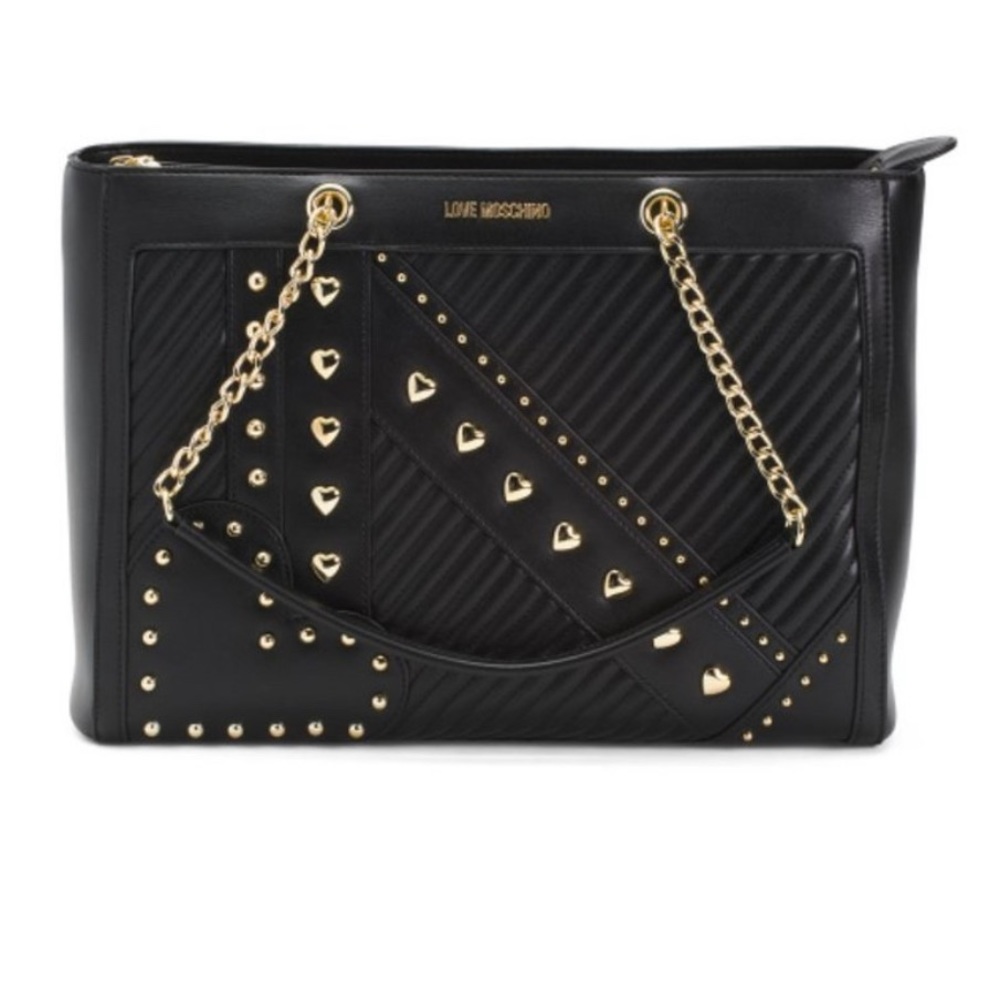 LOVE MOSCHINO Black Diagonal Quilt Tote With Heart Studs